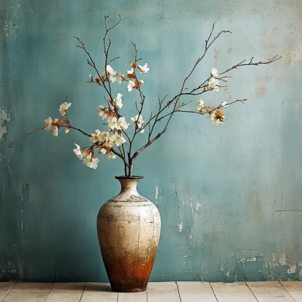 ultra large farmhouse style vase in front of teal colored wall