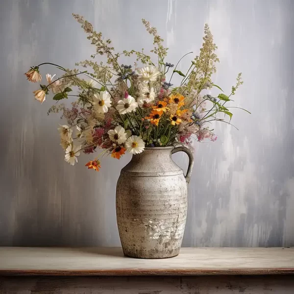 still life with farmhouse style vase and flowers
