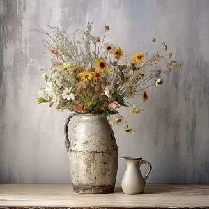 still life with farmhouse style vase and small pitcher vase