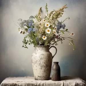 still life with farmhouse style vase with flowers and small milk bottle style vase