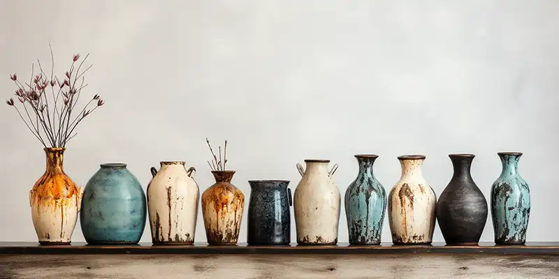 row of farmhouse style handmade vases
